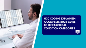 A male healthcare professional in a white lab coat and glasses typing on a keyboard while analyzing detailed medical billing spreadsheets on a computer monitor. The right side features a teal section with a dark blue text box reading "HCC CODING EXPLAINED: A COMPLETE 2026 GUIDE TO HIERARCHICAL CONDITION CATEGORIES" next to a code brackets monitor icon.