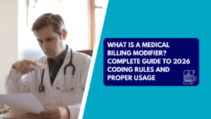 A male doctor in a white coat with a stethoscope sitting at a desk, reviewing a paper document while holding a landline telephone receiver. The right side features a teal section with a dark blue text box reading "WHAT IS A MEDICAL BILLING MODIFIER? COMPLETE GUIDE TO 2026 CODING RULES AND PROPER USAGE" next to a billing document icon.