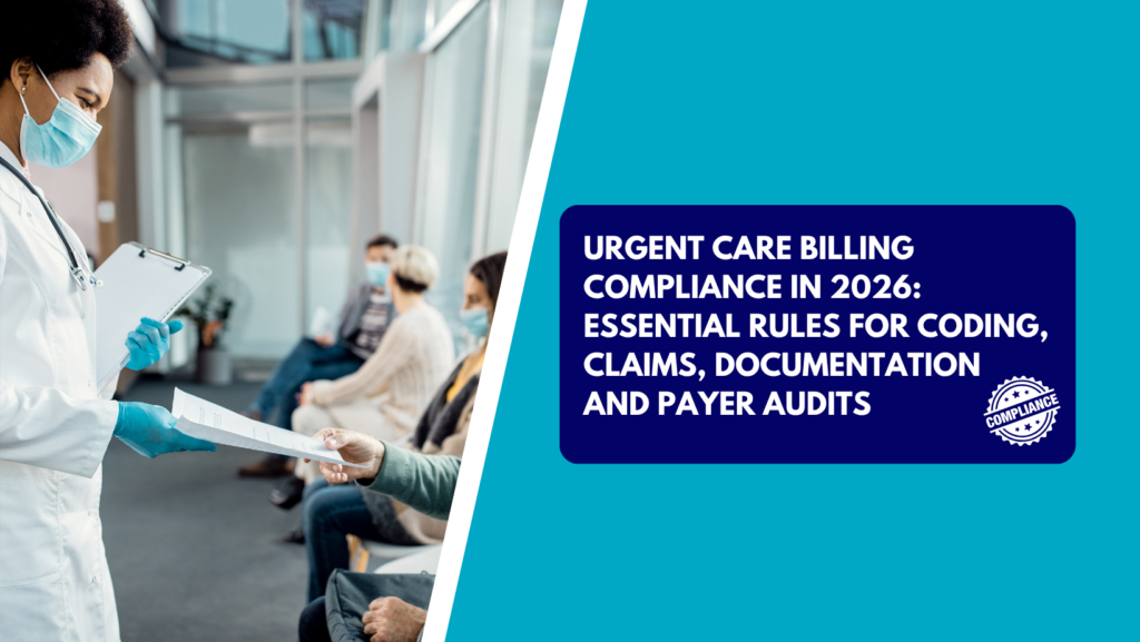 A female medical professional in a white lab coat, surgical mask, and blue gloves holding a clipboard and handing a document to a seated patient in a clinic corridor. The right side features a teal section with a dark blue text box reading "URGENT CARE BILLING COMPLIANCE IN 2026: ESSENTIAL RULES FOR CODING, CLAIMS, DOCUMENTATION AND PAYER AUDITS" with a circular compliance stamp icon.