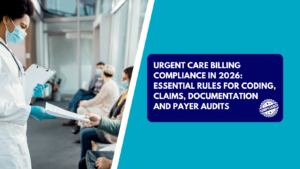 A female medical professional in a white lab coat, surgical mask, and blue gloves holding a clipboard and handing a document to a seated patient in a clinic corridor. The right side features a teal section with a dark blue text box reading "URGENT CARE BILLING COMPLIANCE IN 2026: ESSENTIAL RULES FOR CODING, CLAIMS, DOCUMENTATION AND PAYER AUDITS" with a circular compliance stamp icon.