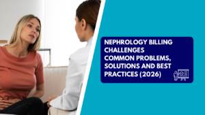 A blonde woman in a rust-colored shirt sitting on a couch and holding her side in pain while speaking with a doctor in a white lab coat facing her. The right side features a teal section with a dark blue text box reading "NEPHROLOGY BILLING CHALLENGES COMMON PROBLEMS, SOLUTIONS AND BEST PRACTICES (2026)" next to a presentation board icon.