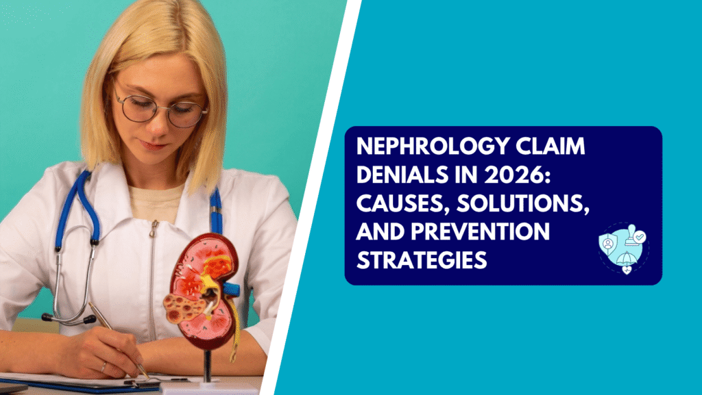 A female doctor with blonde hair and glasses wearing a white lab coat with a stethoscope around her neck, writing on a clipboard next to a kidney cross-section model. The right side features a teal section with a dark blue text box reading "NEPHROLOGY CLAIM DENIALS IN 2026: CAUSES, SOLUTIONS, AND PREVENTION STRATEGIES" next to a claim approval stamp icon.