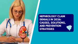A female doctor with blonde hair and glasses wearing a white lab coat with a stethoscope around her neck, writing on a clipboard next to a kidney cross-section model. The right side features a teal section with a dark blue text box reading "NEPHROLOGY CLAIM DENIALS IN 2026: CAUSES, SOLUTIONS, AND PREVENTION STRATEGIES" next to a claim approval stamp icon.