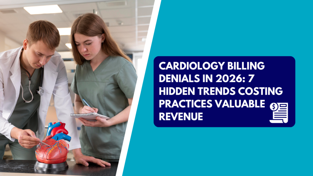 A male physician in a white coat pointing to a red and blue anatomical heart model while a female medical worker in green scrubs takes notes in a notepad. The right side features a teal background with a dark blue text box reading "CARDIOLOGY BILLING DENIALS IN 2026: 7 HIDDEN TRENDS COSTING PRACTICES VALUABLE REVENUE" next to a financial billing document icon.
