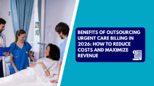 A doctor holding a clipboard and a nurse in blue scrubs standing beside a female patient resting in a hospital bed while a male medical assistant talks to her. The right side features a teal section with a dark blue text box reading "BENEFITS OF OUTSOURCING URGENT CARE BILLING IN 2026: HOW TO REDUCE COSTS AND MAXIMIZE REVENUE" alongside a financial statement icon.