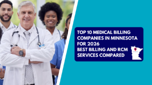 A smiling male doctor with gray hair, a lab coat, and stethoscope arms crossed, standing ahead of a diverse team of healthcare professionals in scrubs and lab coats. The right side features a teal section with a dark blue text box reading "TOP 10 MEDICAL BILLING COMPANIES IN MINNESOTA FOR 2026: BEST BILLING AND RCM SERVICES COMPARED" alongside a silhouette map of Minnesota marked with a red location pin.