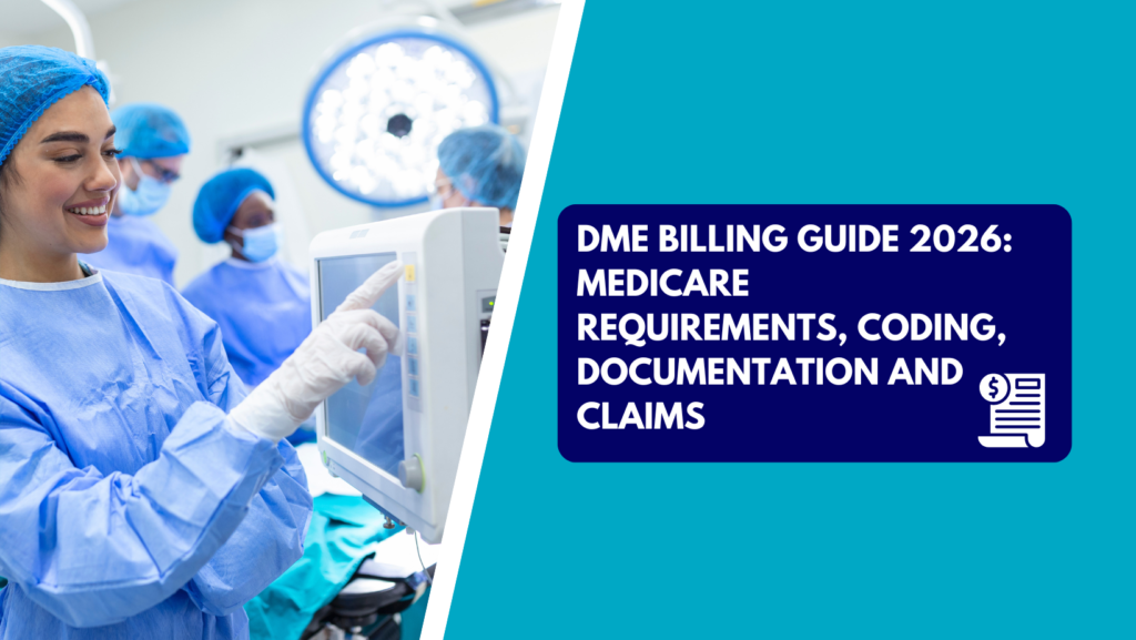 A female surgical professional in blue surgical gown, cap, and gloves smiling while adjusting a medical screen in an operating room with colleagues in the background. The right side features a teal section with a dark blue text box reading "DME BILLING GUIDE 2026: MEDICARE REQUIREMENTS, CODING, DOCUMENTATION AND CLAIMS" next to a medical invoice icon.