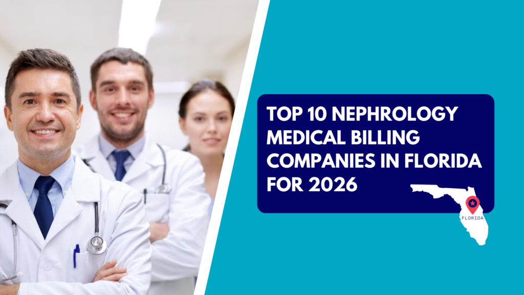 A team of three smiling healthcare providers in white coats and ties standing together in a clinic hallway. The right side features a teal section with a dark blue text box reading "TOP 10 NEPHROLOGY MEDICAL BILLING COMPANIES IN FLORIDA FOR 2026" above a white map of Florida with a red location pin.
