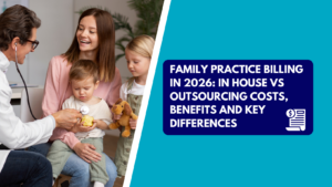 A family physician using a stethoscope to listen to a young boy's chest while he sits on his mother's lap, with his young sister standing nearby holding a stuffed animal. The right side features a teal section with a dark blue text box reading "FAMILY PRACTICE BILLING IN 2026: IN HOUSE VS OUTSOURCING COSTS, BENEFITS AND KEY DIFFERENCES" next to a billing document icon.