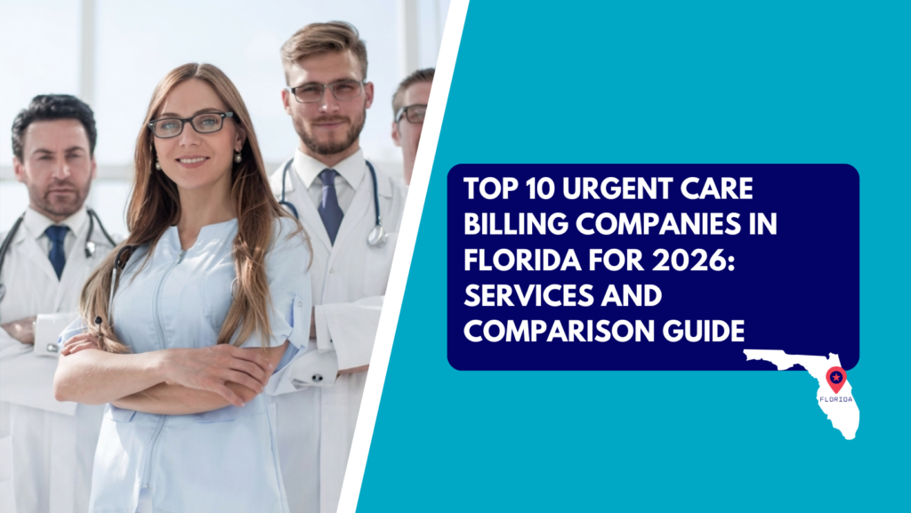 A smiling female medical professional wearing glasses and light blue scrubs standing with arms crossed in front of two male colleagues in white coats and ties. The right side features a teal section with a dark blue text box reading "TOP 10 URGENT CARE BILLING COMPANIES IN FLORIDA FOR 2026: SERVICES AND COMPARISON GUIDE" above a white map outline of Florida marked with a red location pin.