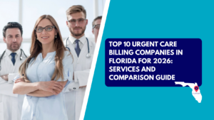 A smiling female medical professional wearing glasses and light blue scrubs standing with arms crossed in front of two male colleagues in white coats and ties. The right side features a teal section with a dark blue text box reading "TOP 10 URGENT CARE BILLING COMPANIES IN FLORIDA FOR 2026: SERVICES AND COMPARISON GUIDE" above a white map outline of Florida marked with a red location pin.