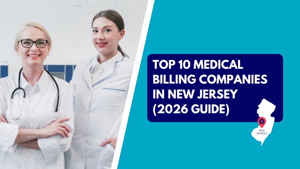 A blonde female doctor with glasses and a stethoscope standing with crossed arms alongside a smiling colleague, both in white medical lab coats. The right side features a teal section with a dark blue text box reading "TOP 10 MEDICAL BILLING COMPANIES IN NEW JERSEY (2026 GUIDE)" above a white silhouette map of New Jersey marked with a red location pin.