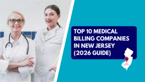 A blonde female doctor with glasses and a stethoscope standing with crossed arms alongside a smiling colleague, both in white medical lab coats. The right side features a teal section with a dark blue text box reading "TOP 10 MEDICAL BILLING COMPANIES IN NEW JERSEY (2026 GUIDE)" above a white silhouette map of New Jersey marked with a red location pin.