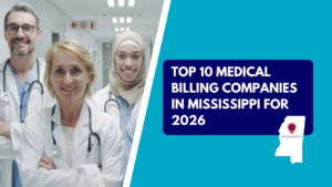 A blonde female doctor with crossed arms in a white lab coat standing ahead of a male colleague with glasses and a female colleague wearing a hijab in a hospital corridor. The right side features a teal section with a dark blue text box reading "TOP 10 MEDICAL BILLING COMPANIES IN MISSISSIPPI FOR 2026" above a white silhouette map of Mississippi marked with a red location pin.
