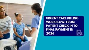 healthcare professional wearing a face mask and blue scrubs holding a clipboard while speaking to a young girl and her mother seated on an examination table. The right side features a teal section with a dark blue text box reading "URGENT CARE BILLING WORKFLOW: FROM PATIENT CHECK IN TO FINAL PAYMENT IN 2026" alongside a checklist and magnifying glass icon.