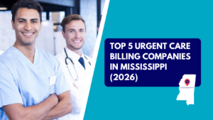 A smiling male healthcare provider in light blue scrubs standing with arms folded beside a colleague in a white lab coat, tie, and stethoscope. The right side features a teal section with a dark blue text box reading "TOP 5 URGENT CARE BILLING COMPANIES IN MISSISSIPPI (2026)" above a white silhouette map of Mississippi marked with a red location pin.