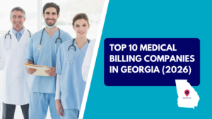 Three smiling medical providers standing together, including a male doctor in a white lab coat and tie, a male practitioner holding a chart in blue scrubs, and a female practitioner in blue scrubs with a stethoscope. The right side features a teal background with a dark blue text box reading "TOP 10 MEDICAL BILLING COMPANIES IN GEORGIA (2026)" above a white silhouette map of Georgia marked with a red location pin.