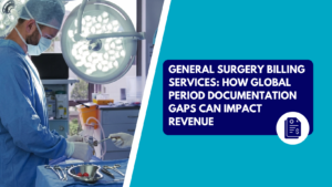 A male surgeon wearing a surgical cap, mask, and blue gown handling sterile instruments at an operating table beneath bright surgical lights. The right side features a teal section with a dark blue text box reading "GENERAL SURGERY BILLING SERVICES: HOW GLOBAL PERIOD DOCUMENTATION GAPS CAN IMPACT REVENUE" above a circular white icon showing a medical document and dollar sign.