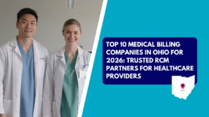 wo smiling medical professionals wearing white lab coats standing together, alongside a graphic banner reading "Top 10 Medical Billing Companies in Ohio for 2026: Trusted RCM Partners for Healthcare Providers."