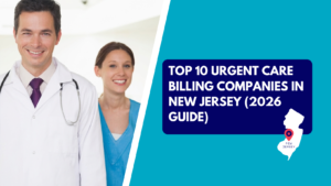 A male physician with a stethoscope and purple tie stands in front of a smiling female healthcare worker in blue scrubs. The right side of the image features a teal and dark blue graphic overlay that contains a white silhouette map of New Jersey with a red location pin and the text "TOP 10 URGENT CARE BILLING COMPANIES IN NEW JERSEY (2026 GUIDE)".