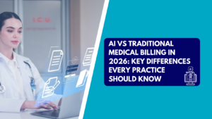 A dark-haired female doctor in a lab coat and stethoscope working on a laptop with futuristic holographic digital document icons floating nearby near an ICU entrance. The right side features a teal section with a dark blue text box reading "AI VS TRADITIONAL MEDICAL BILLING IN 2026: KEY DIFFERENCES EVERY PRACTICE SHOULD KNOW" next to a computer monitor and AI microchip icon.