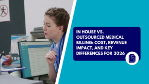 A female healthcare staff member with braided hair wearing scrubs and a stethoscope seated at a reception desk, holding a pen and looking at a computer monitor. The right side features a teal background with a dark blue text box reading "IN HOUSE VS. OUTSOURCED MEDICAL BILLING: COST, REVENUE IMPACT, AND KEY DIFFERENCES FOR 2026" above a circular white icon displaying medical document and dollar sign symbols