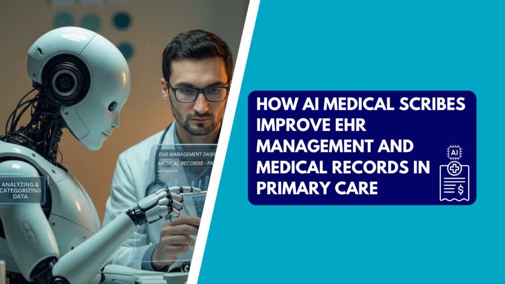 A futuristic humanoid robot assisting a doctor wearing glasses while analyzing electronic health records on a transparent digital screen, alongside a graphic banner reading "How AI Medical Scribes Improve EHR Management and Medical Records in Primary Care.