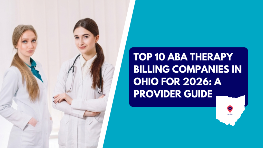wo female healthcare professionals in white lab coats standing together, alongside a graphic banner reading "Top 10 ABA Therapy Billing Companies in Ohio for 2026: A Provider Guide.