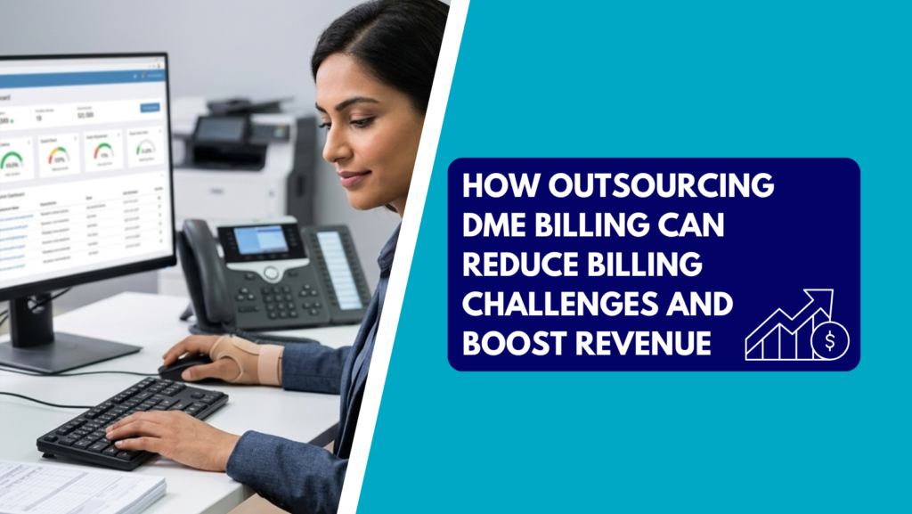 A healthcare billing specialist analyzing dashboard data on a computer screen, alongside a graphic banner reading "How Outsourcing DME Billing Can Reduce Billing Challenges and Boost Revenue.