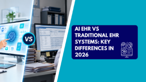 A side-by-side comparison of a modern AI EHR interface with brain graphics versus a traditional medical office desktop with stacked paperwork, alongside a banner reading "AI EHR vs Traditional EHR Systems: Key Differences in 2026.