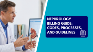 A physician in a lab coat using an anatomical kidney and urinary tract model to explain a diagnosis, alongside a graphic banner reading "Nephrology Billing Guide: Codes, Processes, and Guidelines.
