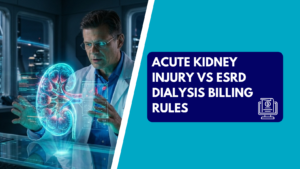 A nephrologist interacting with a 3D futuristic hologram of a human kidney, alongside a graphic banner reading "Acute Kidney Injury vs ESRD Dialysis Billing Rules.