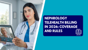 A female doctor holding a digital tablet conducting a live virtual consultation with an elderly patient, alongside a graphic banner reading "Nephrology Telehealth Billing in 2026: Coverage and Rules.
