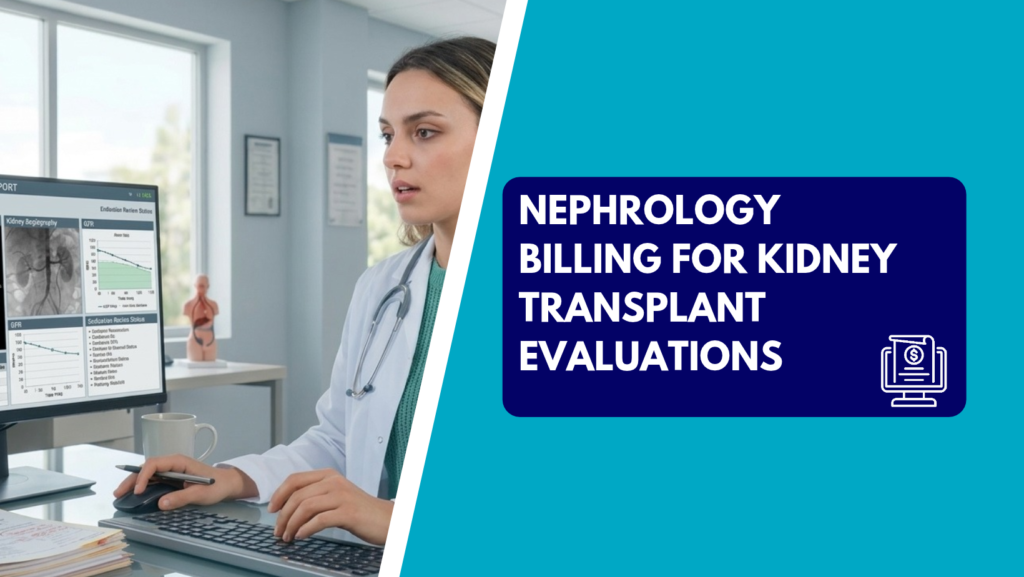 A nephrologist reviewing kidney angiography scans and patient health data on a computer screen, alongside a graphic banner reading "Nephrology Billing for Kidney Transplant Evaluations.