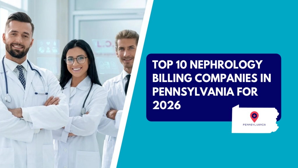 A team of smiling healthcare professionals standing together in white coats, alongside a graphic banner reading "Top 10 Nephrology Billing Companies in Pennsylvania for 2026.