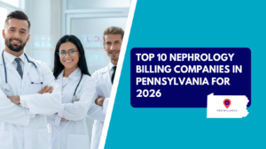 A team of smiling healthcare professionals standing together in white coats, alongside a graphic banner reading "Top 10 Nephrology Billing Companies in Pennsylvania for 2026.