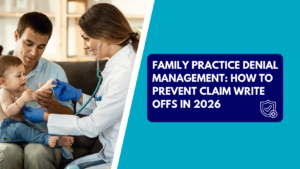 A pediatrician examining an infant held by her father during a family practice visit, alongside a graphic banner reading "Family Practice Denial Management: How to Prevent Claim Write Offs in 2026.