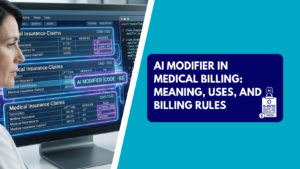 A female medical coder analyzing a digital display of CMS-1500 insurance claim forms showing CPT codes, modifier fields, and code overlays like "AI MODIFIER [CODE: -93]" next to Python code snippets. The right side features a teal section with a dark blue text box reading "AI MODIFIER IN MEDICAL BILLING: MEANING, USES, AND BILLING RULES" next to an icon of a medical clipboard featuring an AI microchip and dollar badge.
