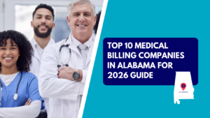 A smiling team of diverse medical professionals in scrubs and white coats, alongside a graphic banner reading "Top 10 Medical Billing Companies in Alabama for 2026 Guide.