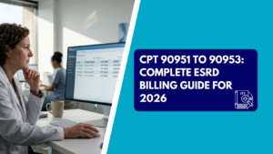 A medical billing specialist reviewing end-stage renal disease CPT codes on a computer screen in an office, alongside a graphic banner reading "CPT 90951 to 90953: Complete ESRD Billing Guide for 2026.