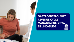 A patient experiencing abdominal pain during a consultation with a physician, alongside a graphic banner reading "Gastroenterology Revenue Cycle Management: 2026 Billing Guide.