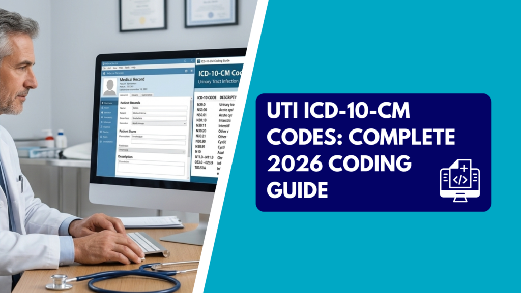 A physician referencing electronic medical records and UTI ICD-10-CM diagnosis codes on a computer monitor, alongside a graphic banner reading "UTI ICD-10-CM Codes: Complete 2026 Coding Guide.
