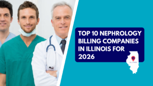 A team of male healthcare professionals in surgical scrubs and white coats, alongside a graphic banner reading "Top 10 Nephrology Billing Companies in Illinois for 2026.