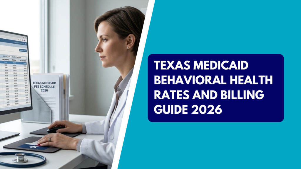 A medical billing specialist reviewing Texas Medicaid fee schedules on a computer monitor with a Texas flag mousepad, alongside a graphic banner reading "Texas Medicaid Behavioral Health Rates and Billing Guide 2026.