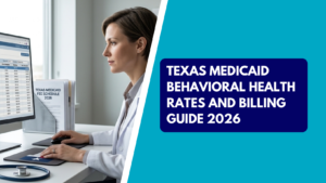 A medical billing specialist reviewing Texas Medicaid fee schedules on a computer monitor with a Texas flag mousepad, alongside a graphic banner reading "Texas Medicaid Behavioral Health Rates and Billing Guide 2026.