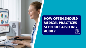 A smiling healthcare administrator reviewing compliance charts and medical practice audit analytics on a computer screen, alongside a graphic banner reading "How Often Should Medical Practices Schedule a Billing Audit?