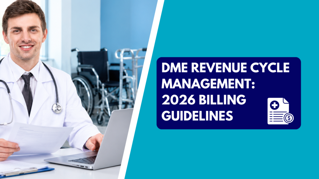 A physician holding paperwork while working on a laptop near durable medical equipment, alongside a graphic banner reading "DME Revenue Cycle Management: 2026 Billing Guidelines.