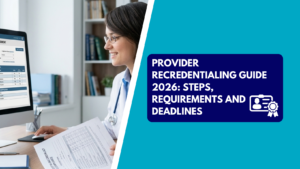 A healthcare professional holding a credentialing checklist document while managing provider profiles on a desktop monitor, alongside a graphic banner reading "Provider Recredentialing Guide 2026: Steps, Requirements and Deadlines.